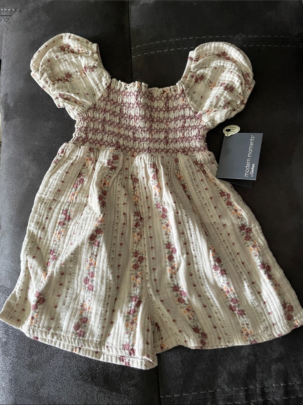 Modern Moments Smocked Cream Romper with Pink Floral Print